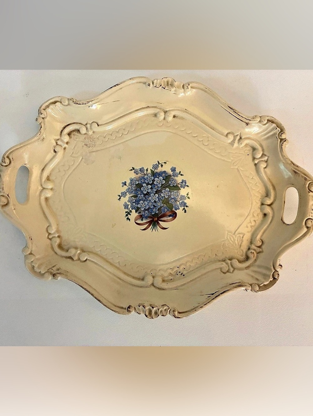 VTG Italian Florentine Vanity Tray Blue Forget-Me-Knots Made in Italy 1960s MCM